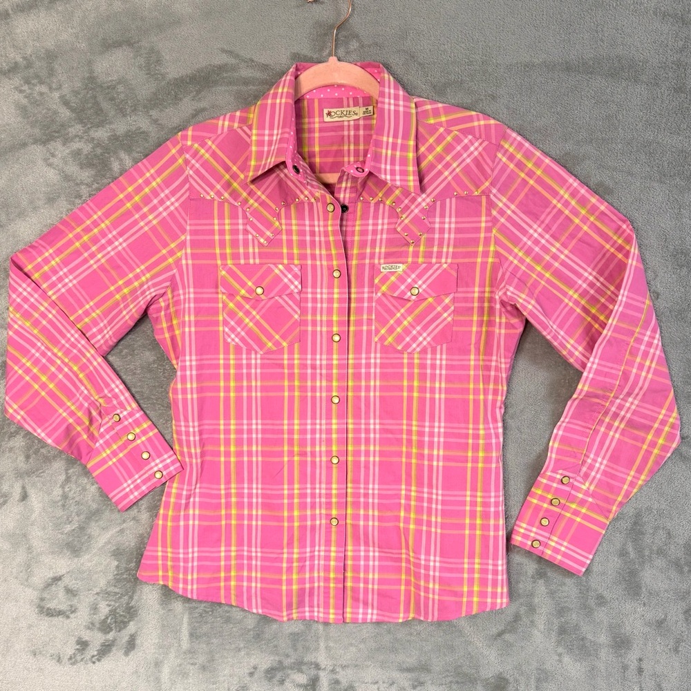 Rockies Western Shirt Med Women’s Pink Plaid Pearl Snap Cowgirl Long Sleeve